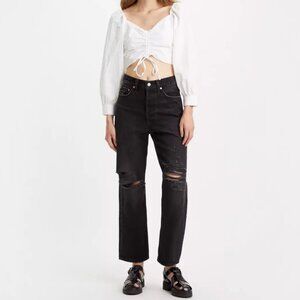 A&F The Ankle Straight Ultra High Rise Jean in Distressed Black womens 31x26